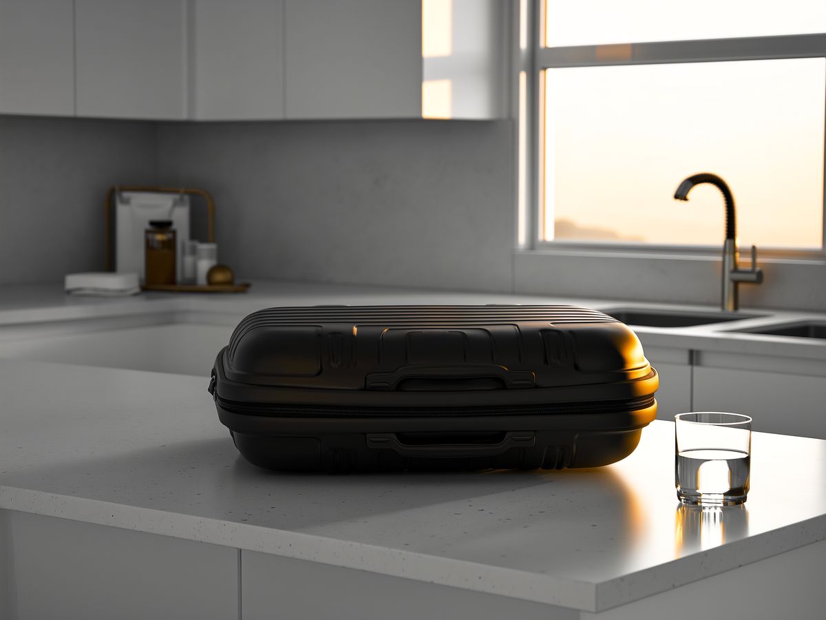 A closed black clinical case on a kitchen counter in morning light